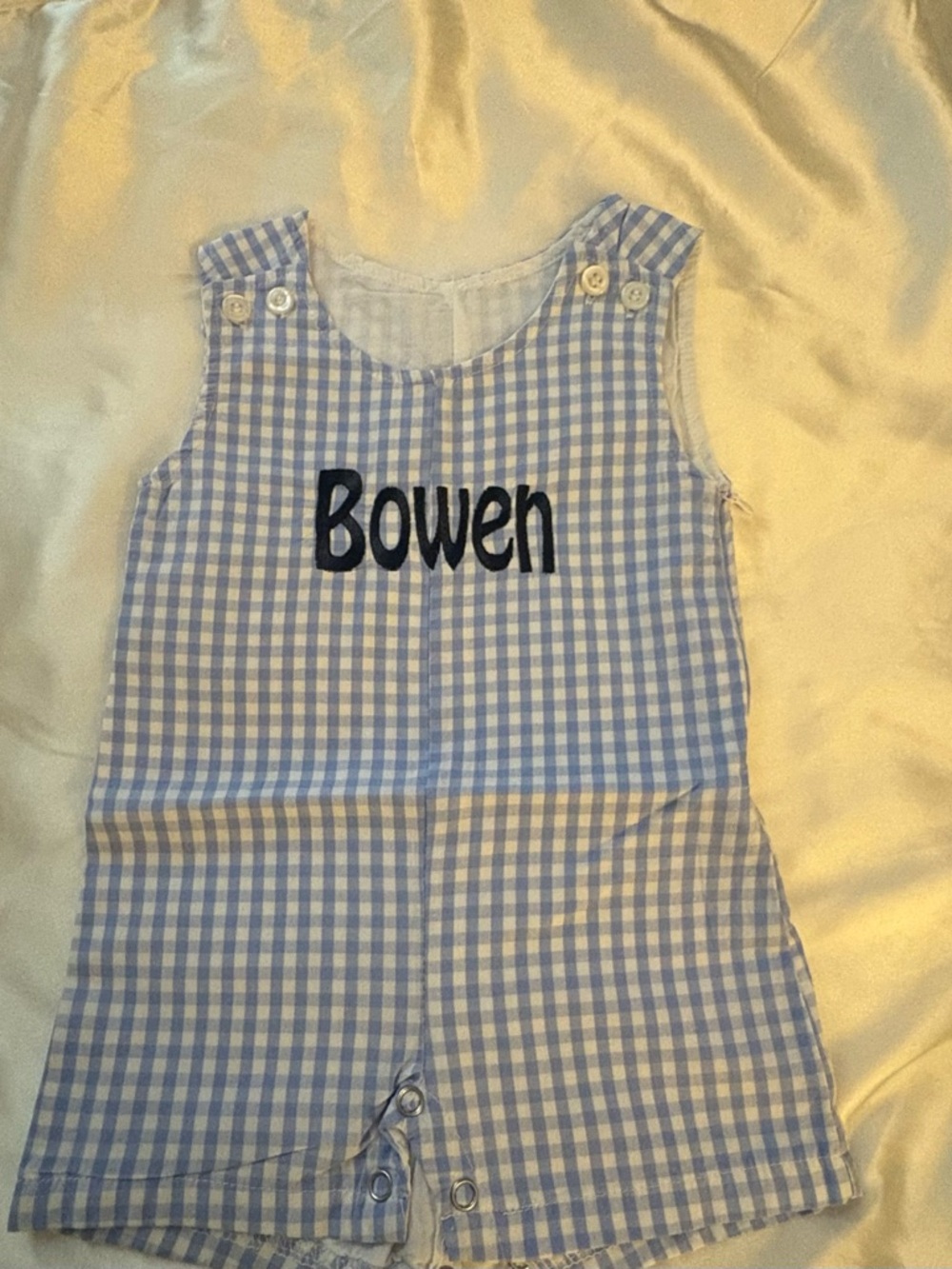 Blue and White Gingham Baby Romper with Name